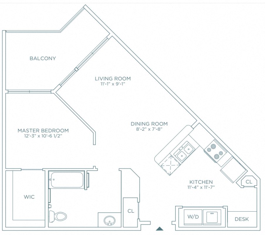 Floor plan for 1 bed, 1 bath, 694 sqft